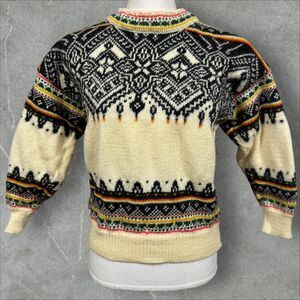 Vtg 90s Dale of Norway Wool Knit Sweater in Black and Cream W/ Color Accents  XS